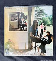 Front of the gatefold album cover showing the three band members in a surreal sitting and standing outdoor environment, with framed pictures and trees in the background.