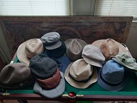 All hats arranged on a green surface against a window, showing 11 hats in various styles including fabric caps, felt hats, and straw hats.
