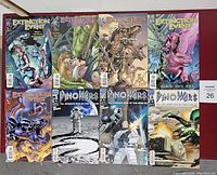 Top view of 8 dinosaur themed comic books arranged in two rows showing front covers. Five Extinction Event issues and three Dino Wars issues with detailed dinosaur artwork on each cover.