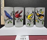 Front view of four frosted glass tumblers, each with a different detailed painted bird (Bluebird, Cardinal, Goldfinch, Oriole). A ruler beside shows height about 5 inches.