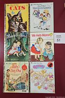 Six Little Golden Books arranged in two rows of three showing front covers with colorful illustrations and titles.