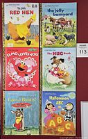 Front covers of 6 Little Golden Books showing titles: The Little Red Hen, The Jolly Barnyard, Elmo Loves You, The Hug Book, Richard Scarry's I am a Bunny, Halloween ABC.