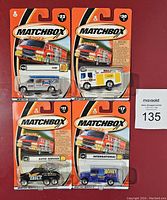 Front view of all four new Matchbox cars in sealed blister packs showing the vehicle types and packaging design.