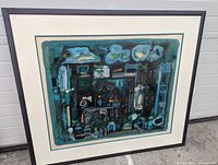 Frontal view of framed abstract blue painting by Abel Lee