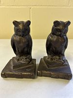 Front view of the pair of bronze-toned cast-iron owl bookends on bases resembling stacked books.