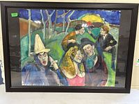 Front view of the framed oil painting showing five circus people and the landscape background.