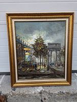 Framed oil on canvas painting depicting Champs D'Elysee street scene with pedestrians, trees, cars, and archway under moody sky.