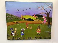 Front view of naive folk art painting showing children playing in countryside under a purple sky with hills, village, and birds. Signed by Sabine S. Trorez.