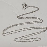 Full view of the 10K white gold twisted rope chain laid out showing the spring ring clasp and chain detail on a white background.