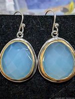 Front view of blue chalcedony earrings with silver bezel.