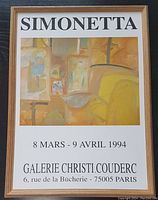 Full view of framed print titled 'Simonetta,' showing abstract artwork and exhibition text including gallery name and dates.