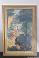 Full view of framed print featuring garden and house scene with foliage, signature and date visible in lower right corner.