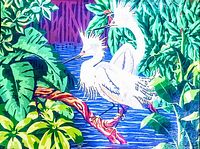 Close-up image of the bird illustration showing two white birds with elaborate crests on their heads standing on a branch over a water body surrounded by dense green leaves and plants.