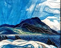 Close-up of the fine art print showing detailed colors and stylized landscape of lake, mountains, and sky.