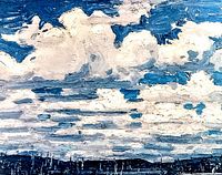 Close-up of the artwork showing textured clouds and blue sky.