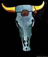 Photo of vintage ceramic longhorn skull sculpture with yellow horns against black background showing front view.