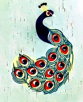 Close-up of the peacock painting showing the colorful feather details and acrylic medium on paper.