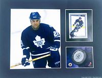 Framed collectible display featuring three compartments: large photo of Tie Domi in Toronto Maple Leafs uniform with hockey stick, smaller photos including a signed facsimile hockey puck.