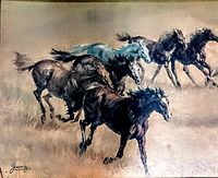 Close-up of the print showing five wild horses running in a natural setting, signed by artist Young.