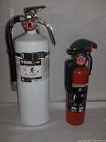 View of two fire extinguishers, white large On Guard ABC dry chemical type with hose and smaller red extinguisher with instructions and gauge, displayed against light background.