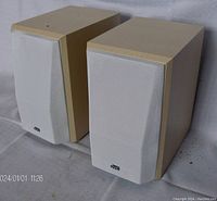 Pair of JVC bookshelf speakers with light wood grain finish and white speaker grills placed side by side on a gray surface.
