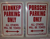 Photo showing both the KLUNKER and PORSCHE parking signs side by side on a neutral background.