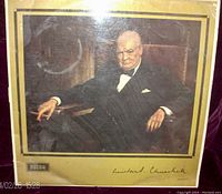 Front cover of the vinyl album showing a colored portrait of Winston Churchill seated in a formal black suit with bow tie, set against a dark background. The Decca logo is visible at the bottom left.