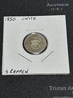 Front side of the 1850 Switzerland 5 Rappen silver coin, showing Swiss emblem and year