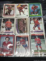 Front side of 9 Montreal Canadiens hockey trading cards showing various players in uniform including Brian Hayward, Jacques Lemaire, Jim Roberts, Rejean Houle, Bob Gainey, Guy Lafleur, Steve Shutt and others.