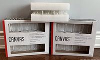 Two unopened boxes of Canvas Edison garden string lights with ten bulbs each and a small package with 23 replacement bulbs on top