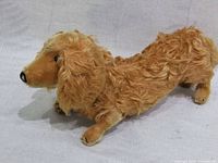 Side angle view of vintage mohair dog toy shaped like a dachshund, showing detailed texture of curly fur fabric, face profile and legs.