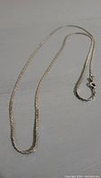 Full view of the 24 inch silver necklace chain laid on a surface showing its length and chain style.