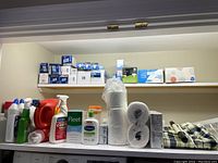 Full shelf view showing multiple cleaning supplies, paper plates, stacked disposable cups, and lotion bottle