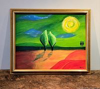 Full view of the framed oil painting showing abstract trees, sun, and two figures in landscape.