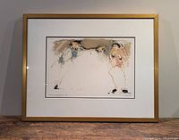 Framed pen and watercolor painting showing two human figures, one extending an arm toward the other.