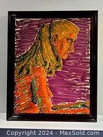 Framed oil on canvas painting showing a woman with yellow hair against a purple background