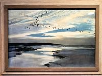 Framed oil painting seascape with birds at dusk