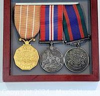 Three medals side by side in display case, showing overall lot presentation