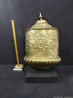 Front view of full coal bin showing embossed lion head crest, decorative leaf motifs, and rounded base detail with ruler for scale.