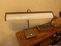 Front view showing lamp base, gooseneck arm, and elongated white fronted shade in coffee brown housing on wooden surface.