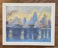 Full view of the signed oil painting showing the Toronto skyline from Wards Island, framed with a white matte and frame.