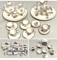 Top photo shows two miniature tea sets with white porcelain base, one with a purple flower design and the other with a violet flower motif, including teapots, creamers, sugar bowls, cups, and saucers. Also shown are blue and white miniature furniture pieces including beds and dressers.