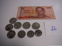 Top view of Thai 100 Baht banknote with 9 Cuban coins arranged below.