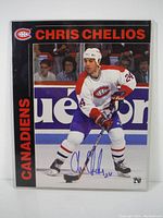 Front view of signed Chris Chelios 8x10 photo/card in Montreal Canadiens uniform, showing autograph on the front.