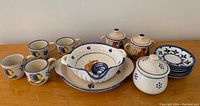 Photo showing full ceramic set with 4 cups, plate, ceramic sieve, 3 lidded jars, and 6 separate blue and yellow saucers on wooden surface.