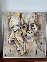 Frontal view of the original abstract portrait painting on canvas titled 'Close Up' by Sandra Duba-Shubs, showcasing the artwork's colors and framing.