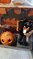 Plastic jack-o'-lantern pumpkin and black plush bat with wings inside a box
