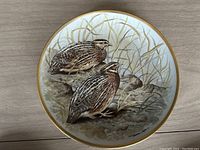 Plate depicting two Common Quail on naturalistic background with gold trim