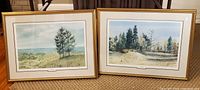 Two framed watercolor prints side by side showing natural landscapes