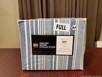 Boxed Malibu Home Collection bed sheet set in blue and white stripes, labeled Full (Double) size, 200 thread count, 6-piece sheet set.